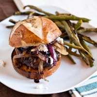 Permalink to: Red Wine Burgers with Caramelized Onions and Goat Cheese #SundaySupper red wine burger thumb