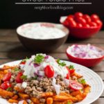Permalink to: Loaded Mediterranean Sweet Potato Fries with Tzatziki Sauce #ChooseDreams #WeekdaySupper Crispy sweet potatoes loaded up with ground turkey, tomato, feta, and tzatziki sauce!